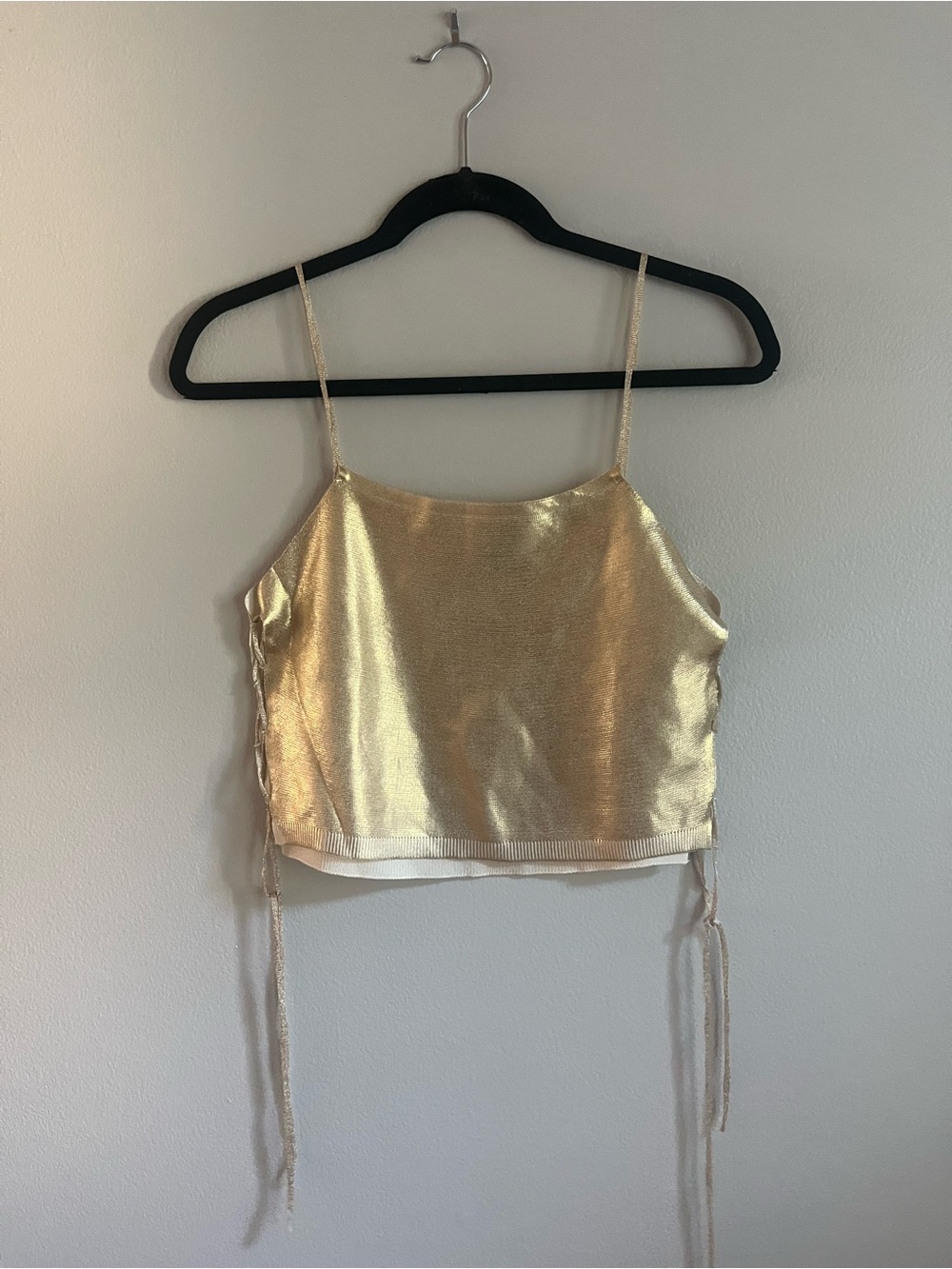 Zara Metallic Gold Knit Crop Cami Lace-Up Side Tank Top Size M